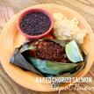 a plate of baked chorizo salmon with black beans & chipotle mashed potatoes